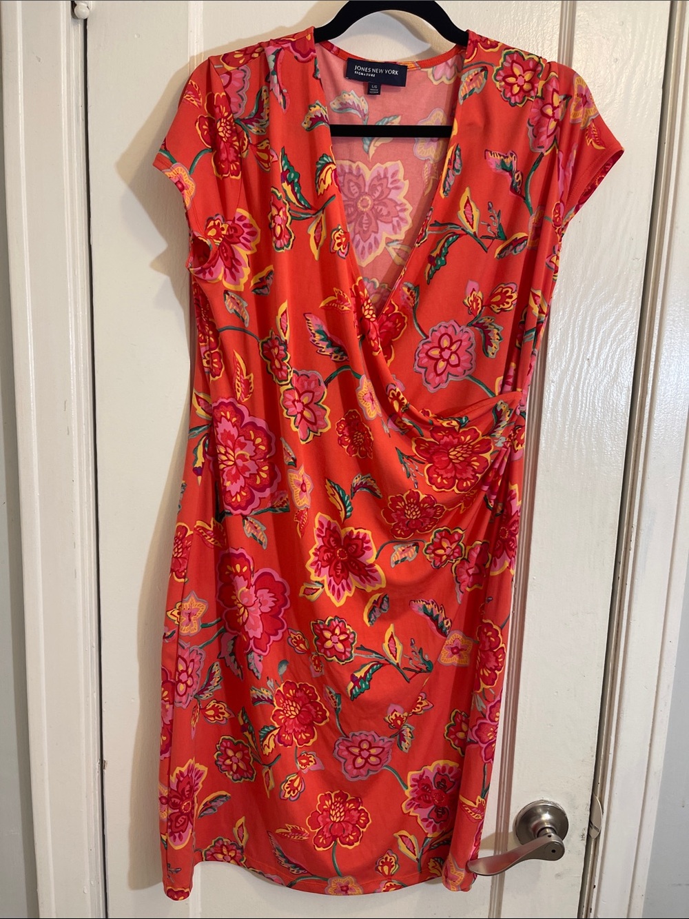81. Jones New York Coral and Pink Floral Faux-Wrap Dress